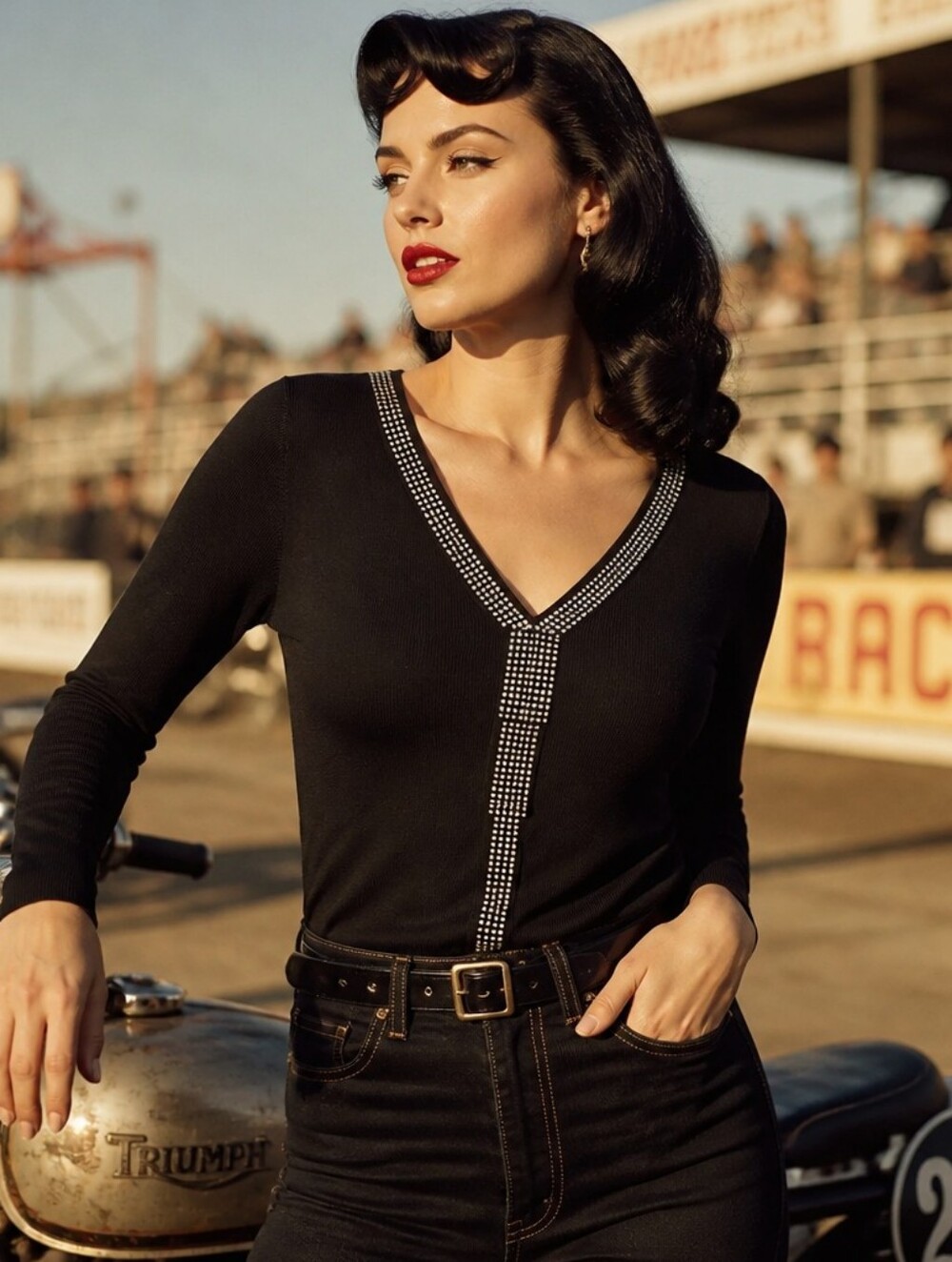 Women's Black V-Neck Sweater with Studded Trim